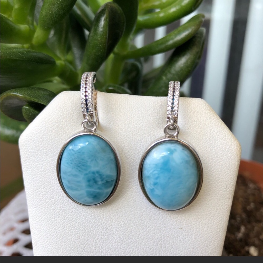 Larimar Huggie Hoop Dangling Earrings With Pave’ Cubic Zirconia Stone.